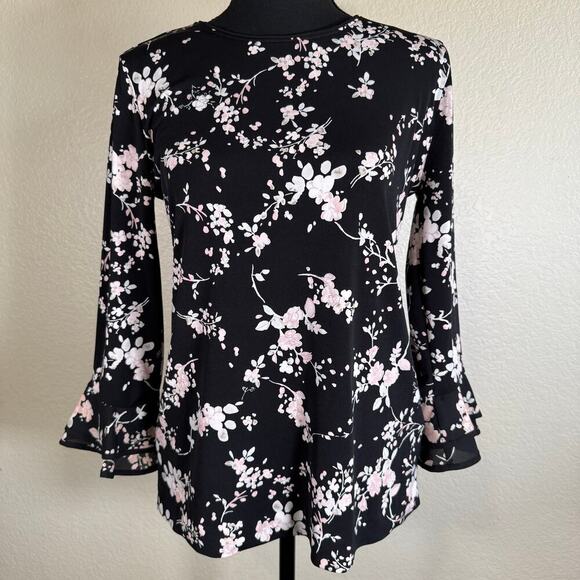 NWT Karl Lagerfeld Paris Black Blouse Shirt Pink Floral Bell Sleeve Women XS - Picture 1 of 13